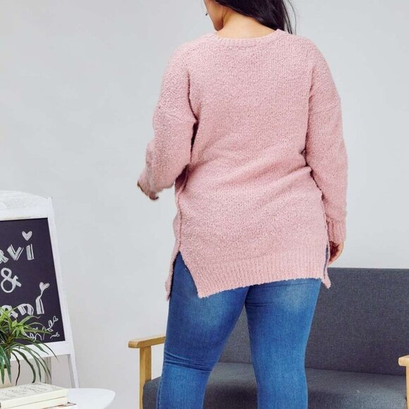 Davi & Dani Pink V-Neck Hi-Low Hem Knit Sweater - Plus Size Cozy Oversized - Picture 4 of 4